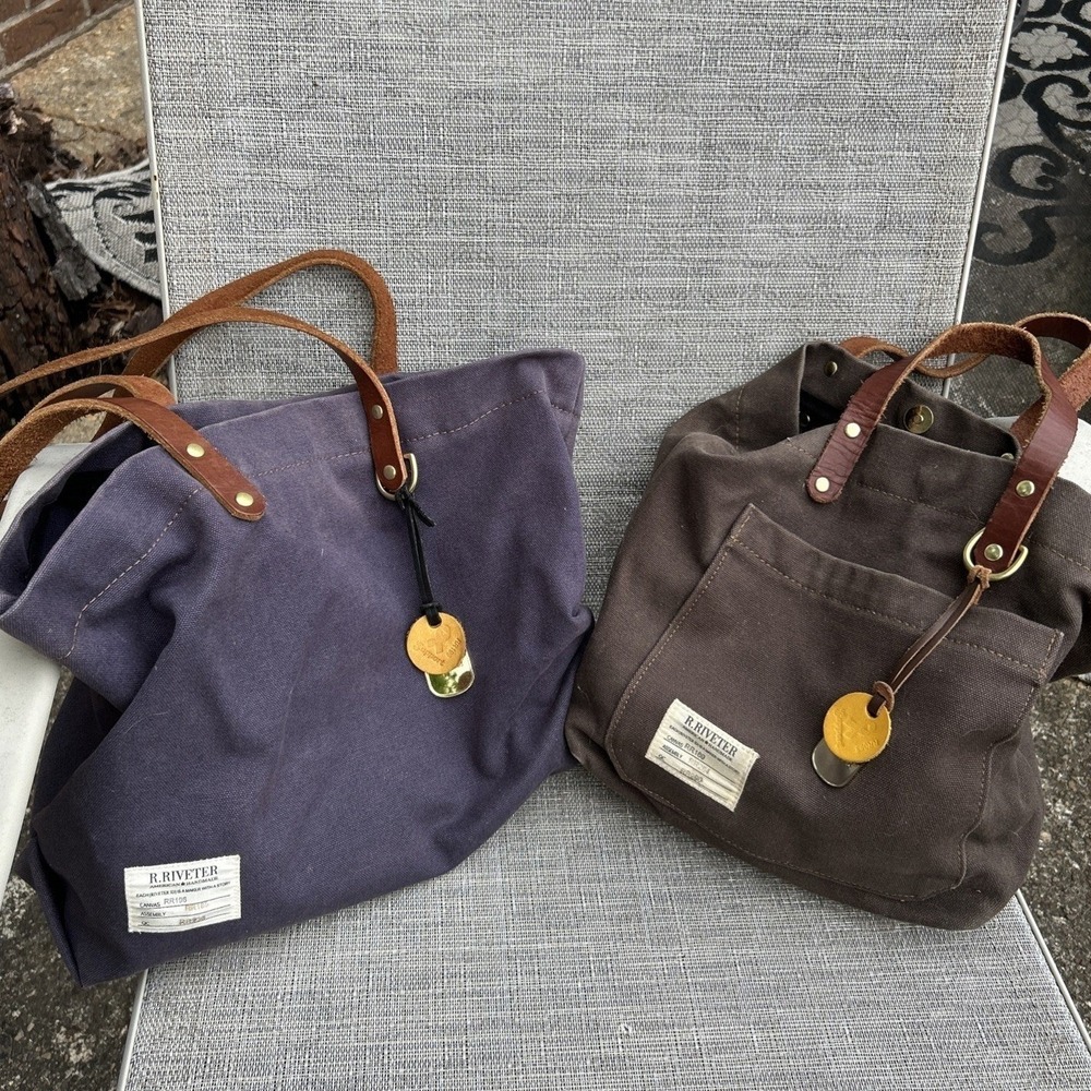 R. Riveter Handmade Canvas Tote Bag Set Navy Blue & Brown Leather Straps Unisex